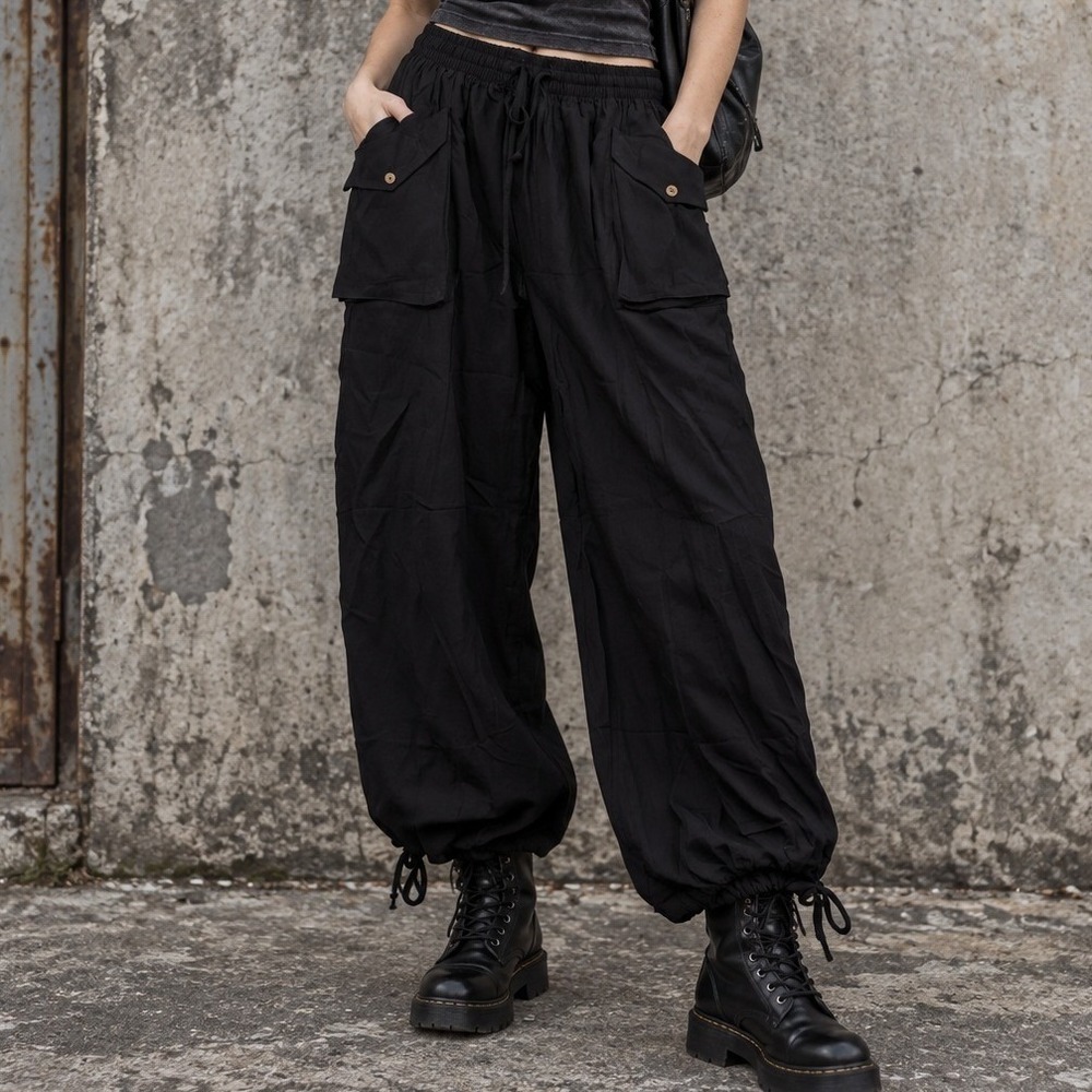 Tarse M Cargo Baggy Pants Parachute Black Linen Blend Wide Leg Boho Gorpcore New